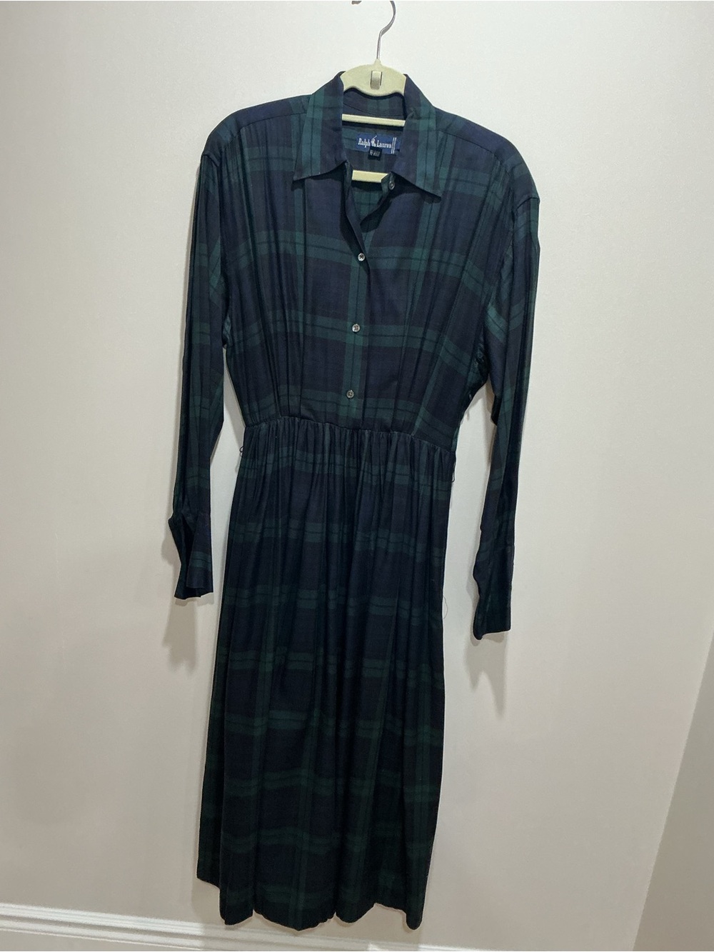 Vintage Ralph Lauren black wash Navy and Green Plaid Shirtdress size 10